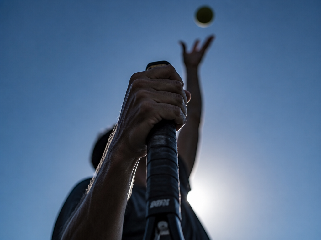 A tight vertical composition photograph of a player's hand gripping a racquet handle, taken…