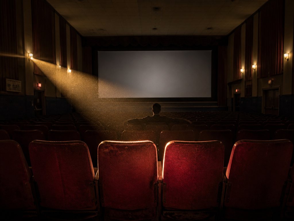 A wide photorealistic documentary photograph of an almost empty small-town cinema auditorium at dusk…