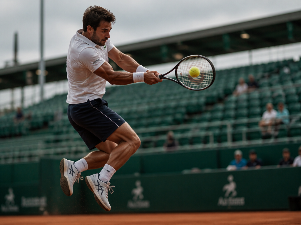 A medium shot photograph of a tennis player mid-swing on a backhand, both feet…