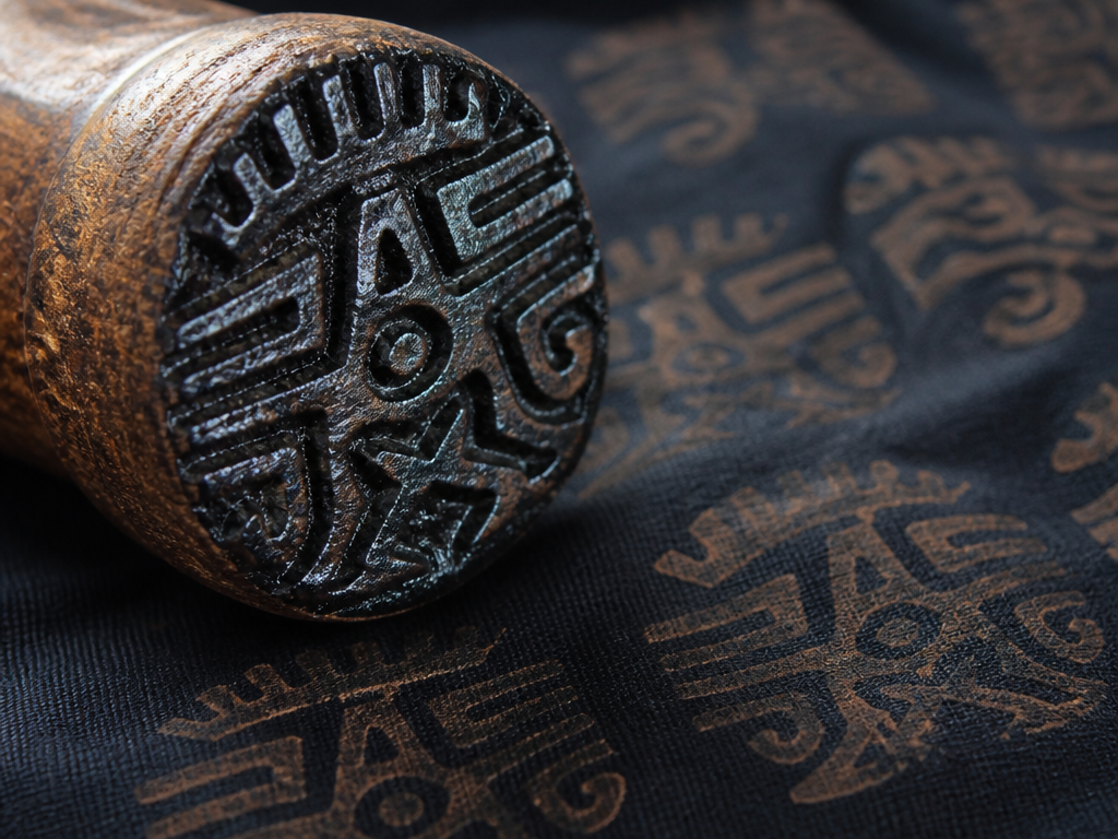 Extreme close-up of a carved calabash stamp pressed into deep-indigo-black funeral cloth, the hand-cut…