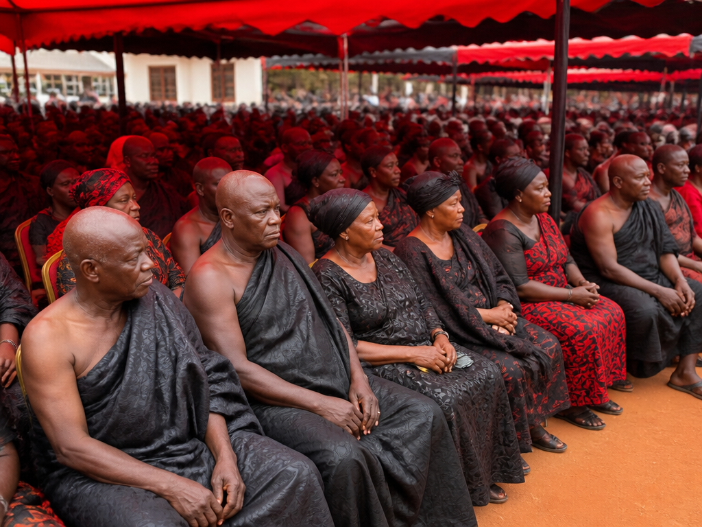 A packed open-air Ghanaian funeral gathering photographed from a slight elevation in mid-afternoon, dozens…