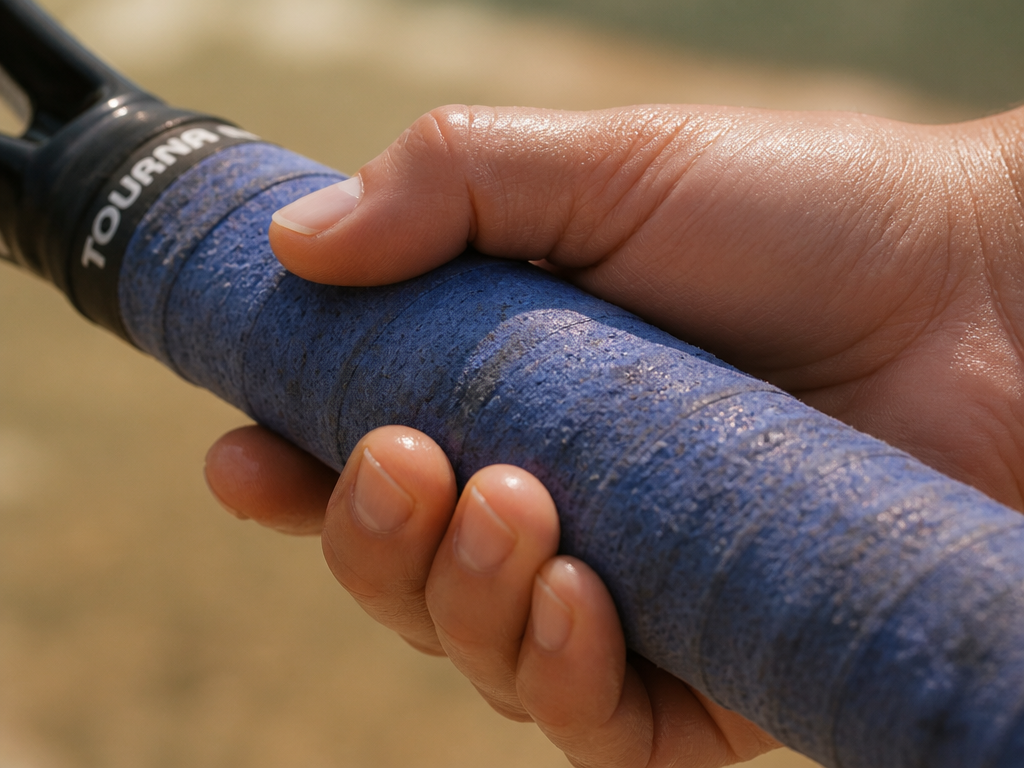 Extreme close-up macro photography of a tennis racquet handle wrapped in a worn, moisture-darkened…