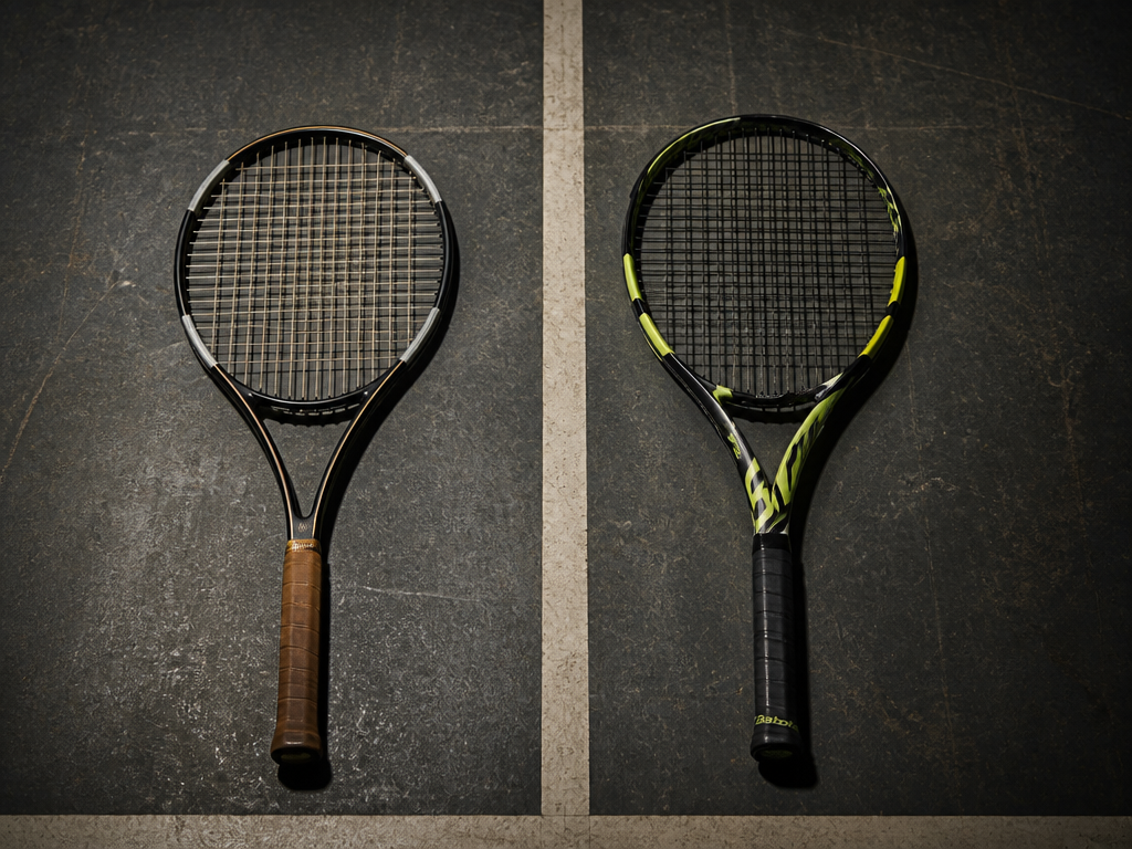A moody overhead flat lay of two tennis racquets lying side by side on…