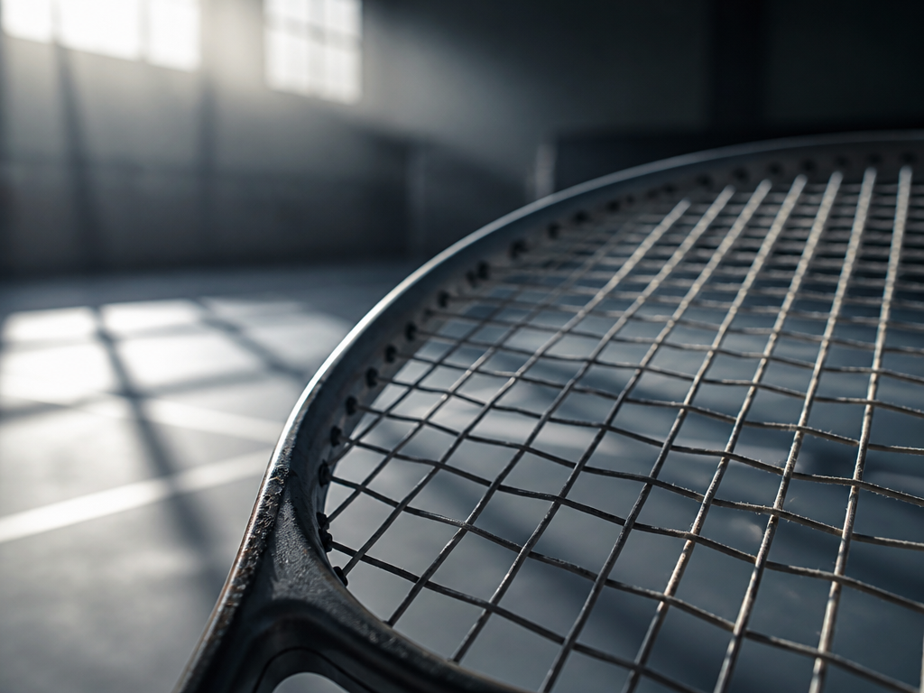 A tight macro shot of a worn tennis racquet's stringbed, early morning sunlight streaming…