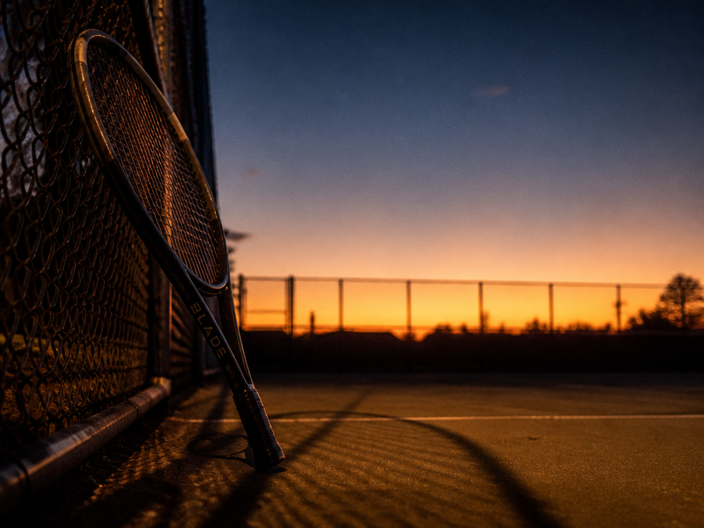 A low-angle photograph of a tennis racquet resting against a baseline fence on an…