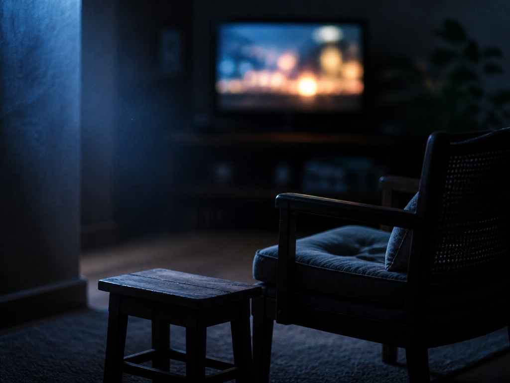 A photorealistic editorial photograph of a dimly lit living room at night, shot on…