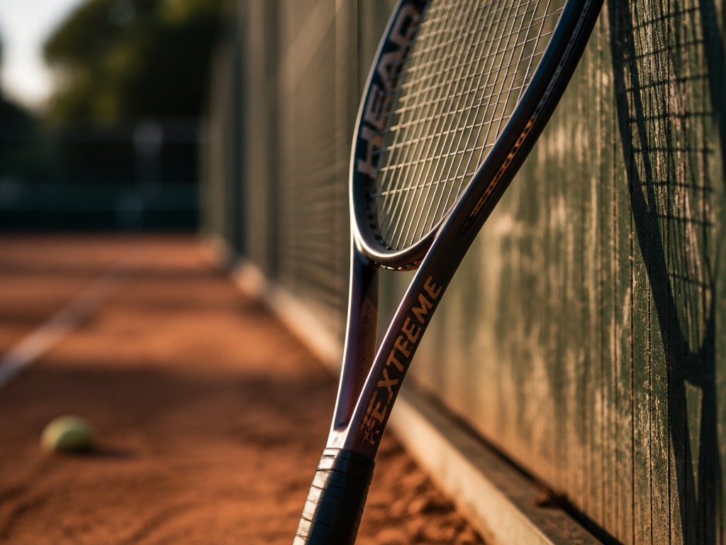 A close-up, low-angle photograph of a brand new HEAD Extreme MP XL tennis racquet…