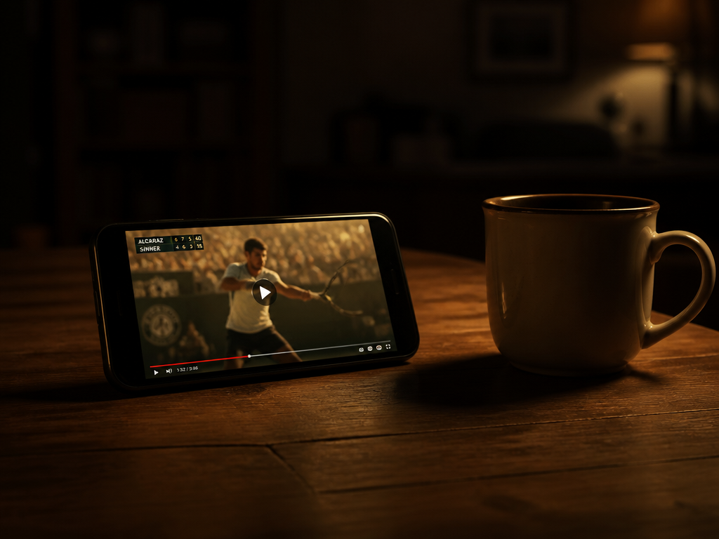 A smartphone held by invisible hands, face-up on a wooden table beside an untouched…
