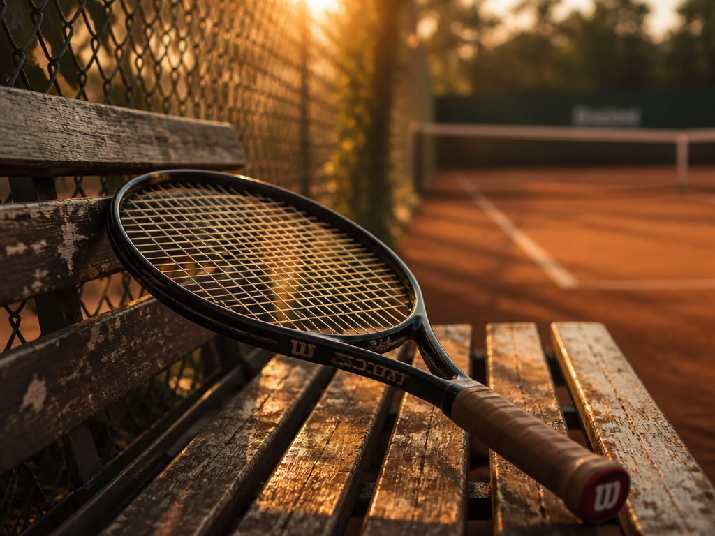 A professional tennis racquet resting diagonally across a weathered wooden bench in early morning…