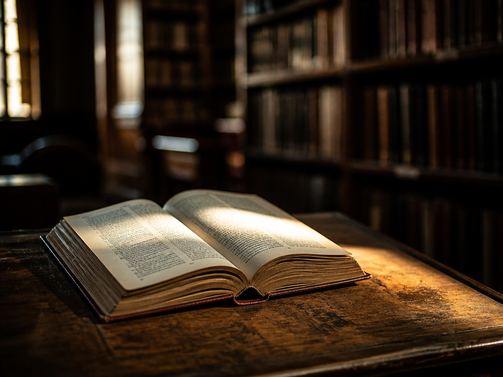 A weathered hardcover novel lying open on a scuffed wooden reading table in a…
