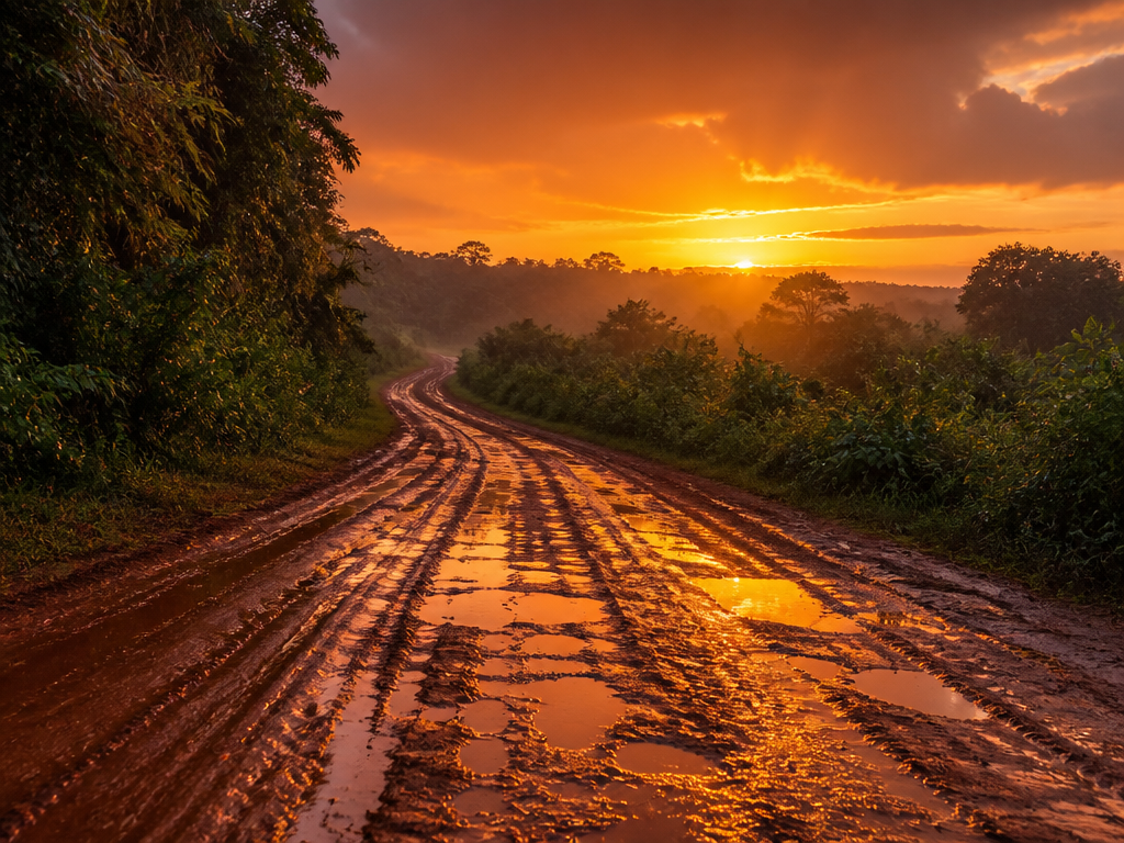 A red laterite road in southeastern Nigeria at dusk, wet from recent rain so…