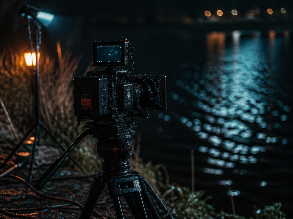 A film set at night on a river bank, a professional cinema camera on…