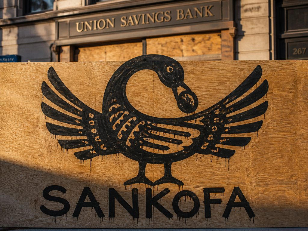 A twelve-foot Sankofa bird painted on a plywood construction hoarding outside a shuttered bank…