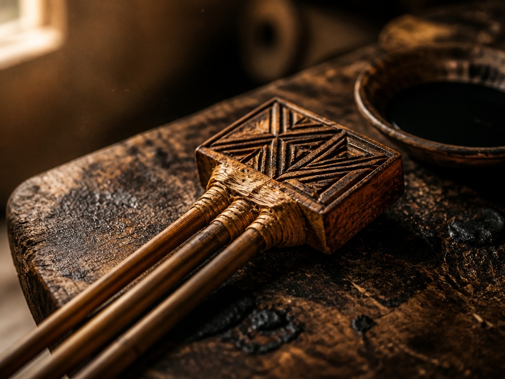 Close-up of a carver's workbench in Ghana: a small rectangle of dried calabash gourd…