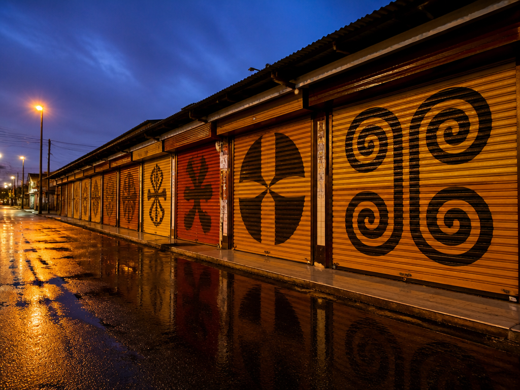 A row of metal roller shutters on a closed parade of shops at dusk…