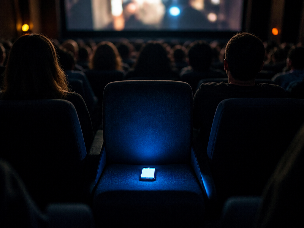 A photorealistic wide cinema interior shot from behind and slightly above the audience, taken…