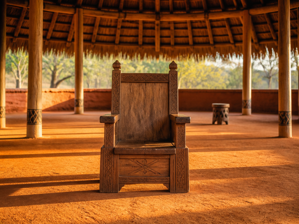 An empty ceremonial hardwood chair on a swept earthen courtyard beneath a broad thatched…