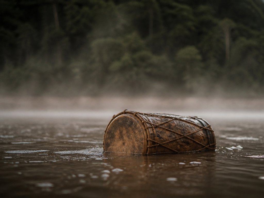 A weathered wooden drum, its hide head laced tight with cord, drifting half-submerged in…