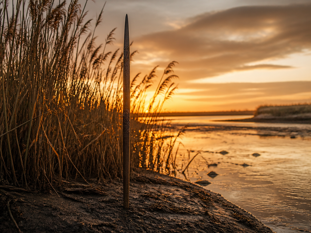 A tall reed bed at a shallow river crossing at dusk, a single carved…