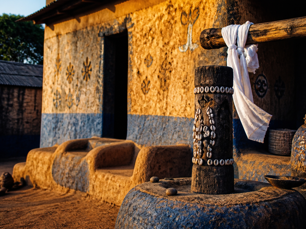 A wide documentary photograph of a Yorùbá shrine courtyard at golden hour in southwestern…