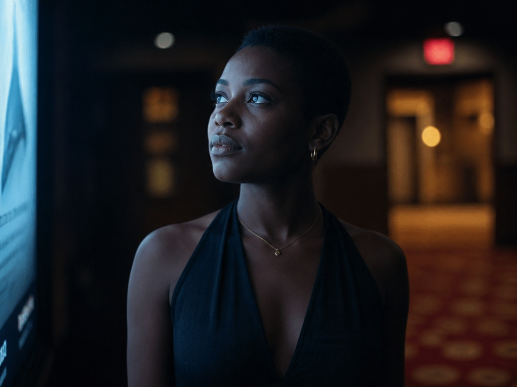An intimate low-key portrait of a young Black woman with close-cropped hair standing in…
