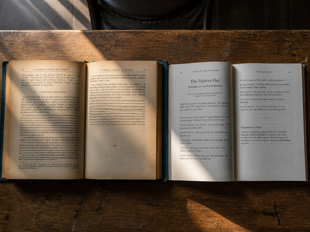 Photorealistic still life photograph of two open books lying side by side on a…