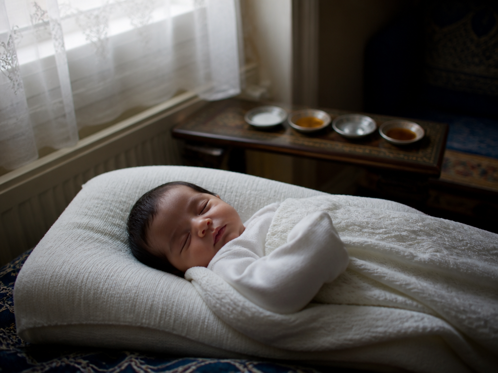 Photorealistic documentary photograph of an eight-day-old infant asleep on a folded blanket in a…