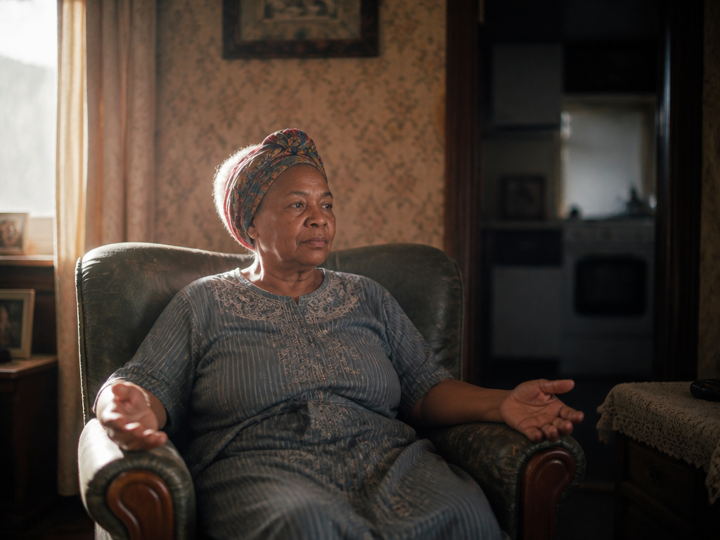 Photorealistic environmental portrait of an older woman seated in a worn armchair in a…