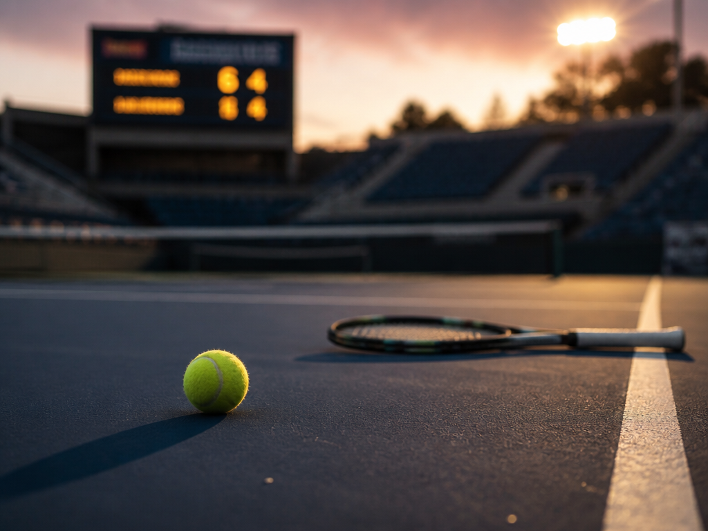 A close-up, shallow depth-of-field photograph of a tennis court at dusk, taken from behind…