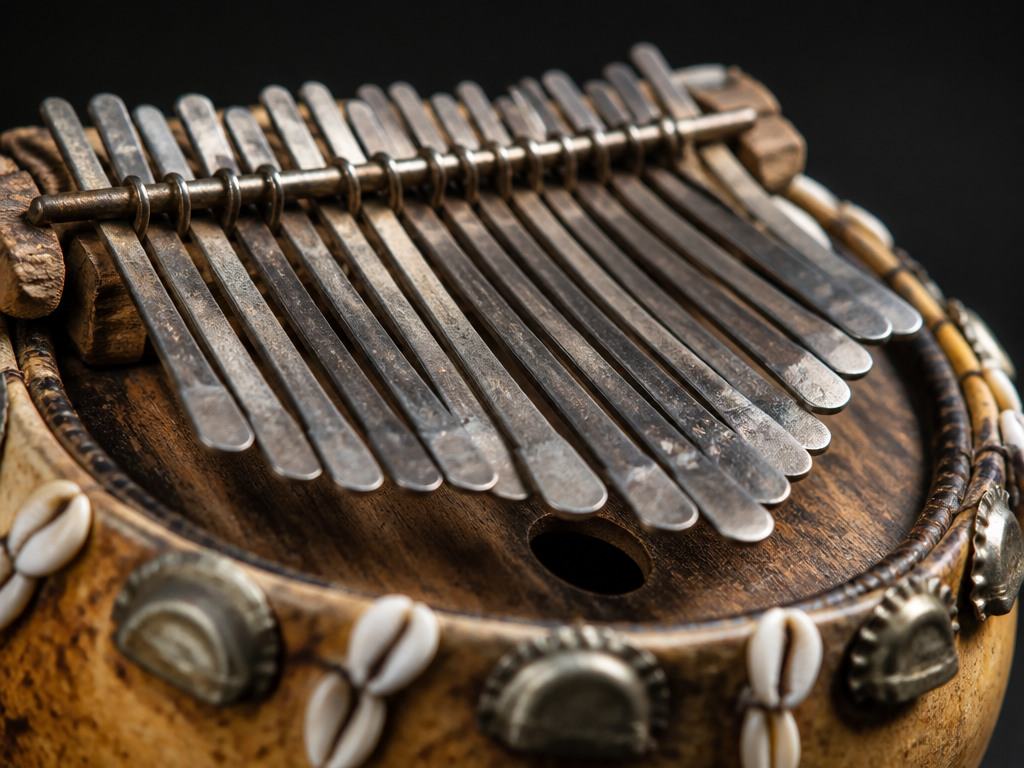 A photorealistic tabletop macro photograph of an African lamellophone in extreme close-up: twenty-odd hand-forged…