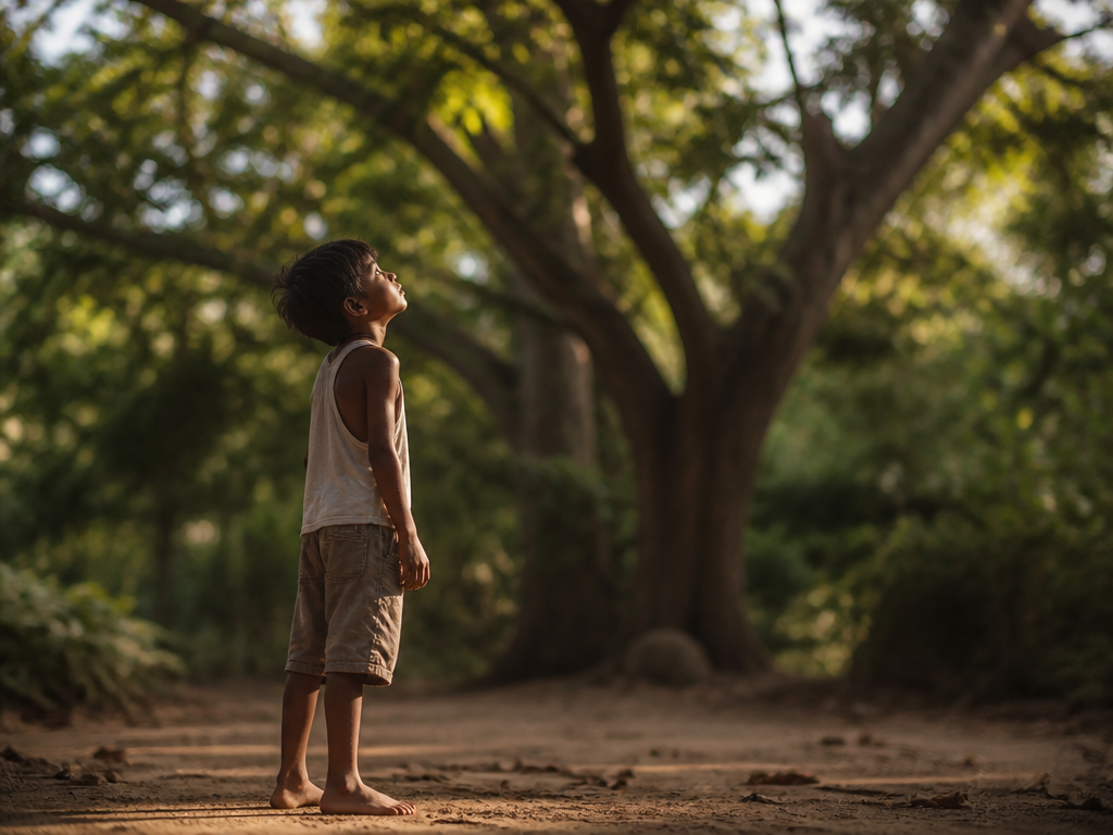 A young boy standing barefoot on bare ground looking straight up at the canopy…