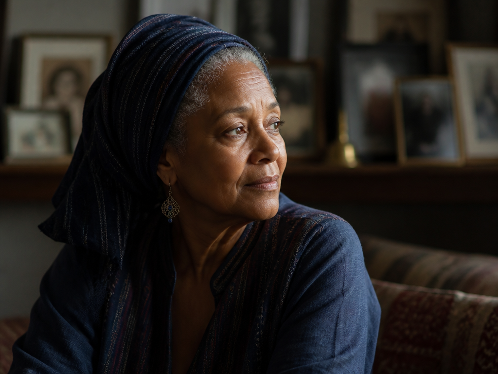 An intimate photorealistic portrait of an older woman with silver-flecked hair wrapped in an…