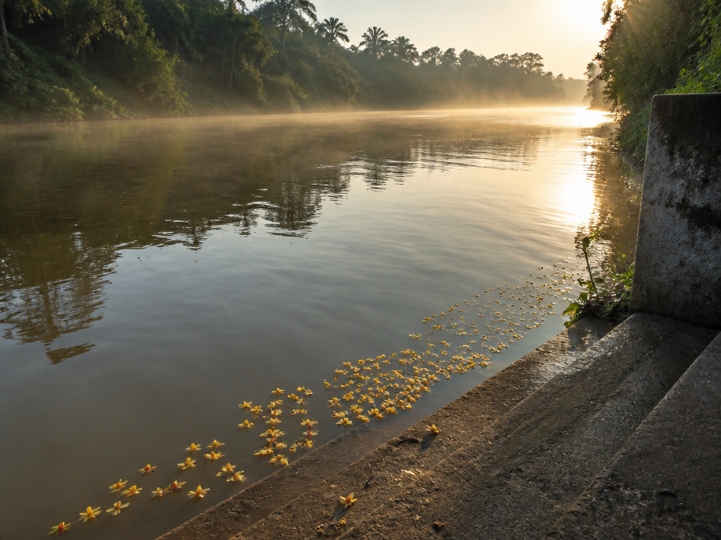 A photorealistic image of a slow-moving river at dawn in southwestern Nigeria, brown-green water…