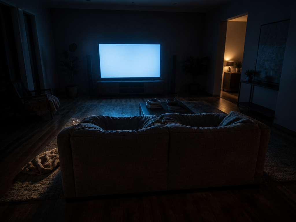 A wide-angle photorealistic interior photograph of a darkened living room at night, shot from…