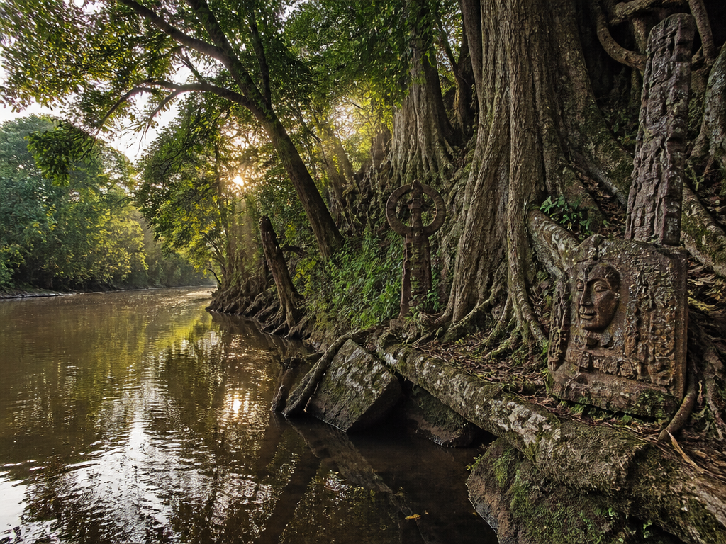 Documentary photograph of a wide river running past a dense grove of ancient trees…