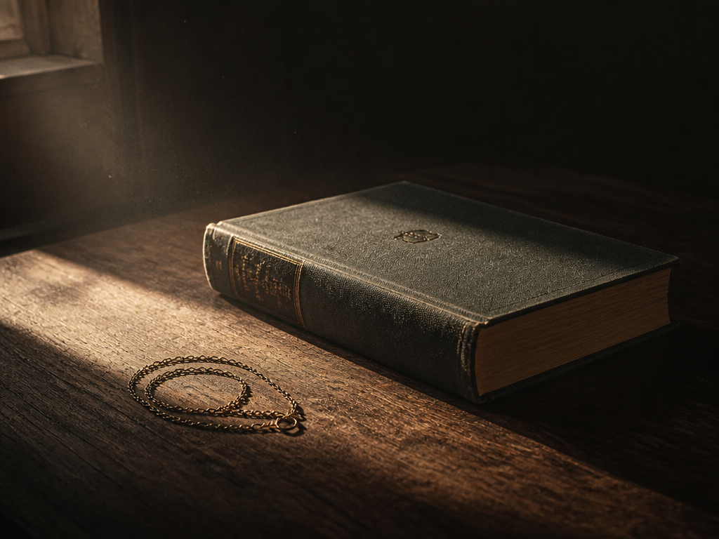 Still life photograph of a hardcover novel lying face-down and closed on a dark…