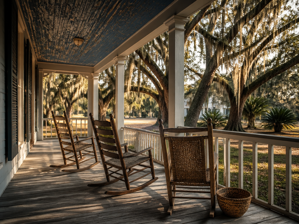 A quiet Sea Island porch on a Gullah Geechee homestead in the late afternoon…