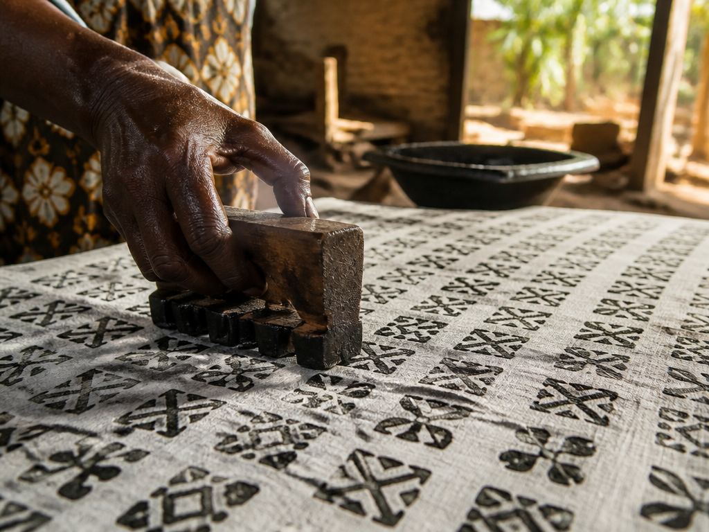 A close-up photograph of a wooden adinkra stamp carved from calabash pressing black dye…