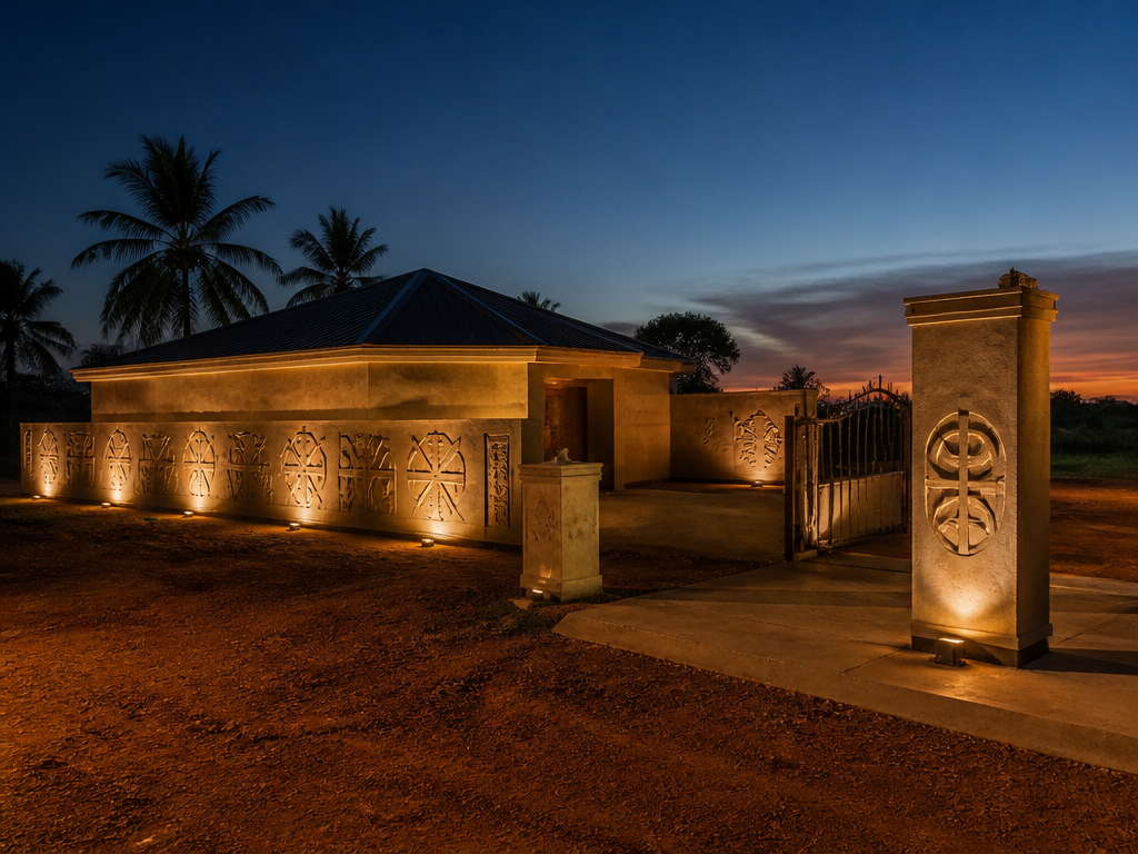 A photorealistic wide shot of a newly finished concrete burial house at dusk in…