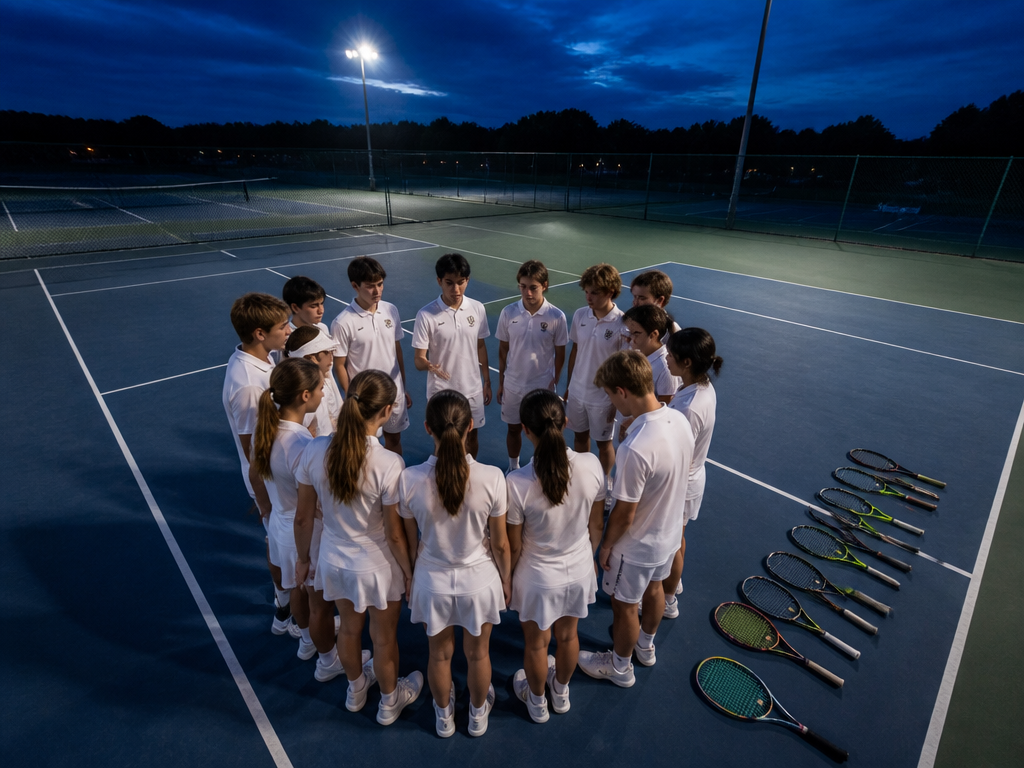 A wide shot of an entire high school tennis team of about twelve teenagers…