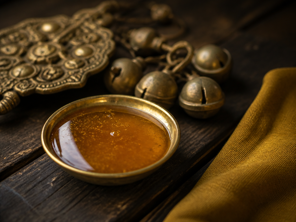 Photorealistic close-up still-life photograph on a dark weathered wooden surface: raw honey glowing translucent…