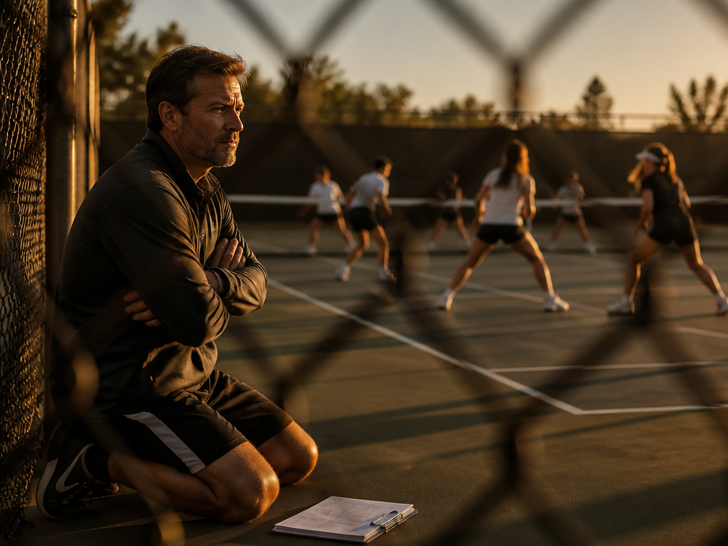 A high school tennis coach kneeling beside a fence on a practice court, clipboard…