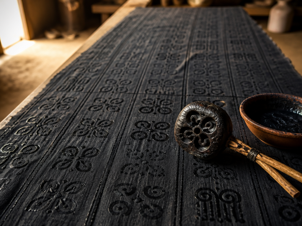 A close-up photograph of a dark, hand-stamped Ghanaian adinkra cloth stretched taut across a…