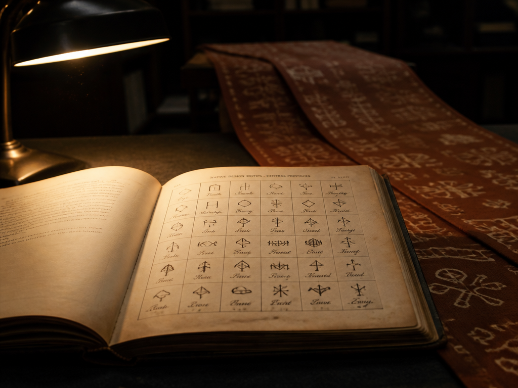 A photorealistic documentary photograph inside a dim archive reading room: an open 1920s ethnographic…