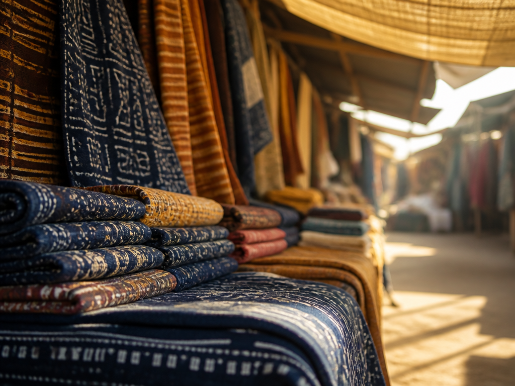 A photorealistic editorial photograph of a Yoruba textile market stall in warm late-afternoon light…