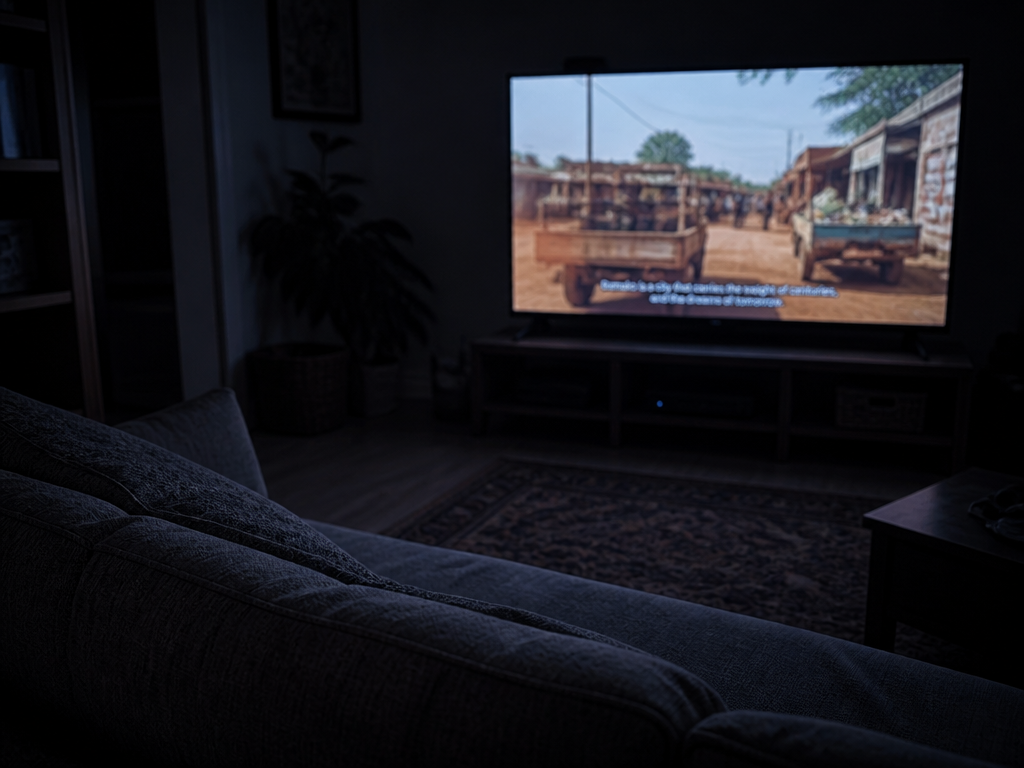 A photorealistic documentary photograph of a dimly lit living room at night, shot from…
