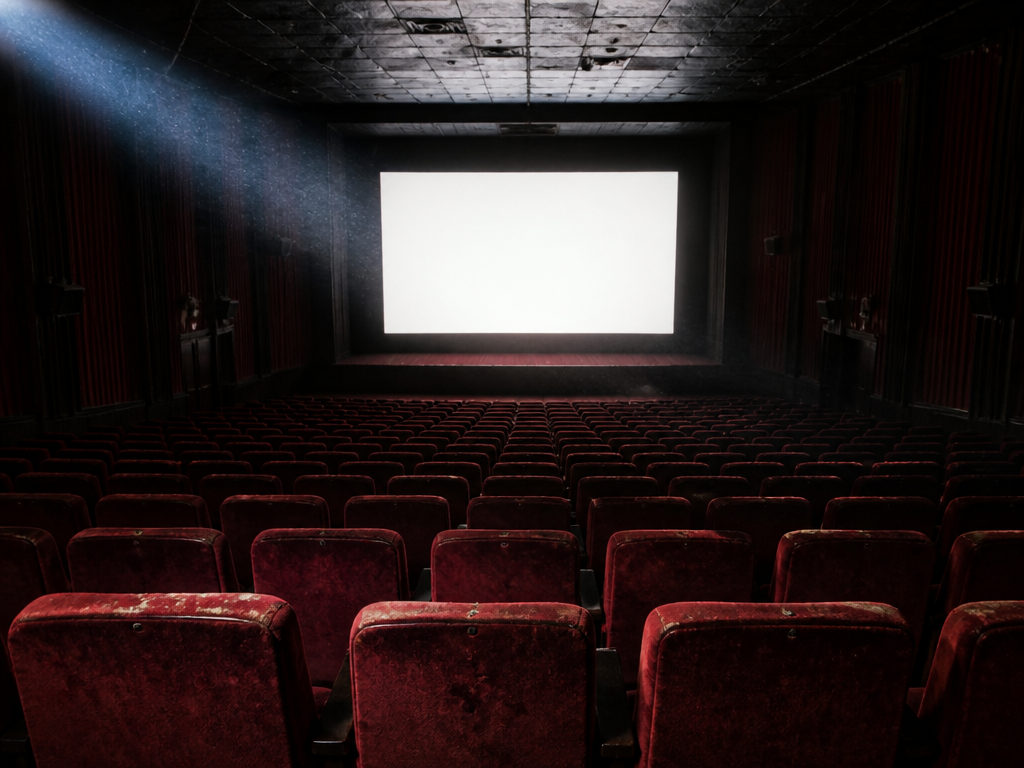 A dim, empty single-screen cinema photographed from the rear of the auditorium: rows of…