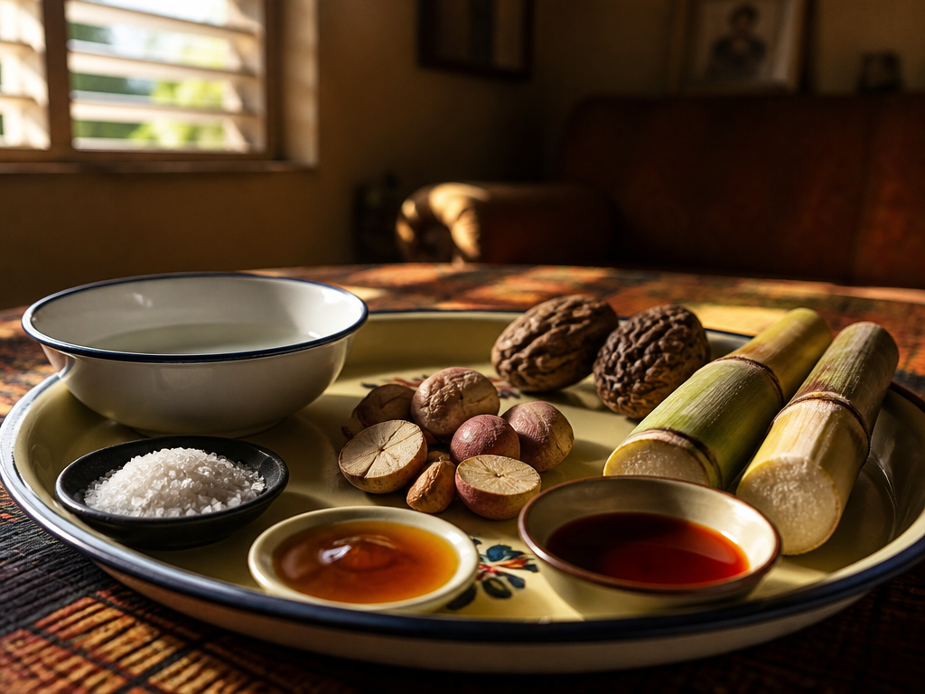 A close-up documentary photograph of a naming-ceremony tray resting on a low table in…