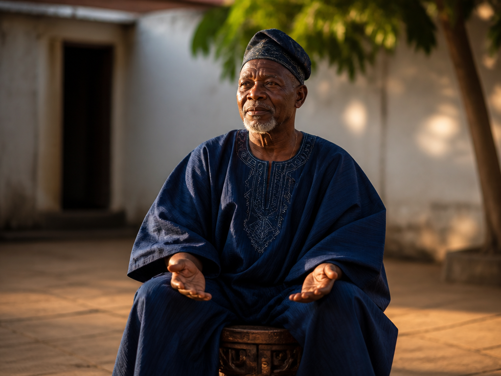 An environmental portrait of an elderly Yoruba man seated on a carved low stool…