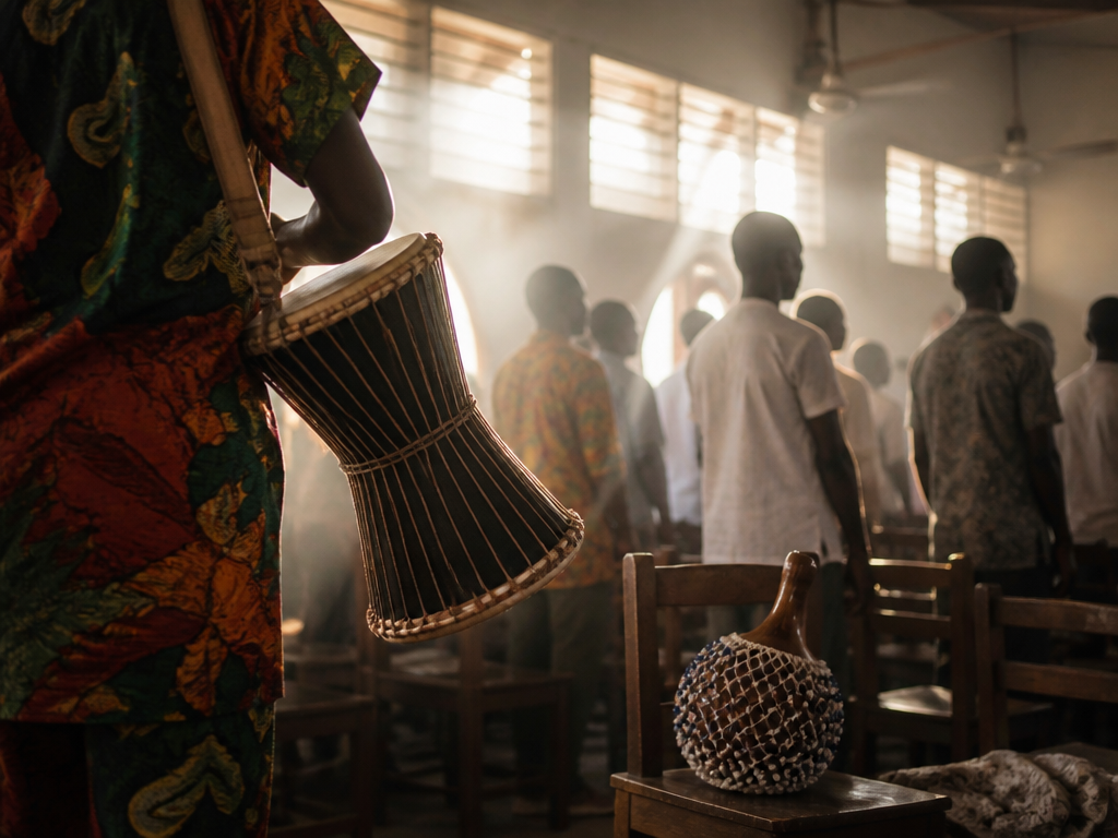 A photorealistic interior photograph of a Yoruba-language church service in Lagos on a Sunday…